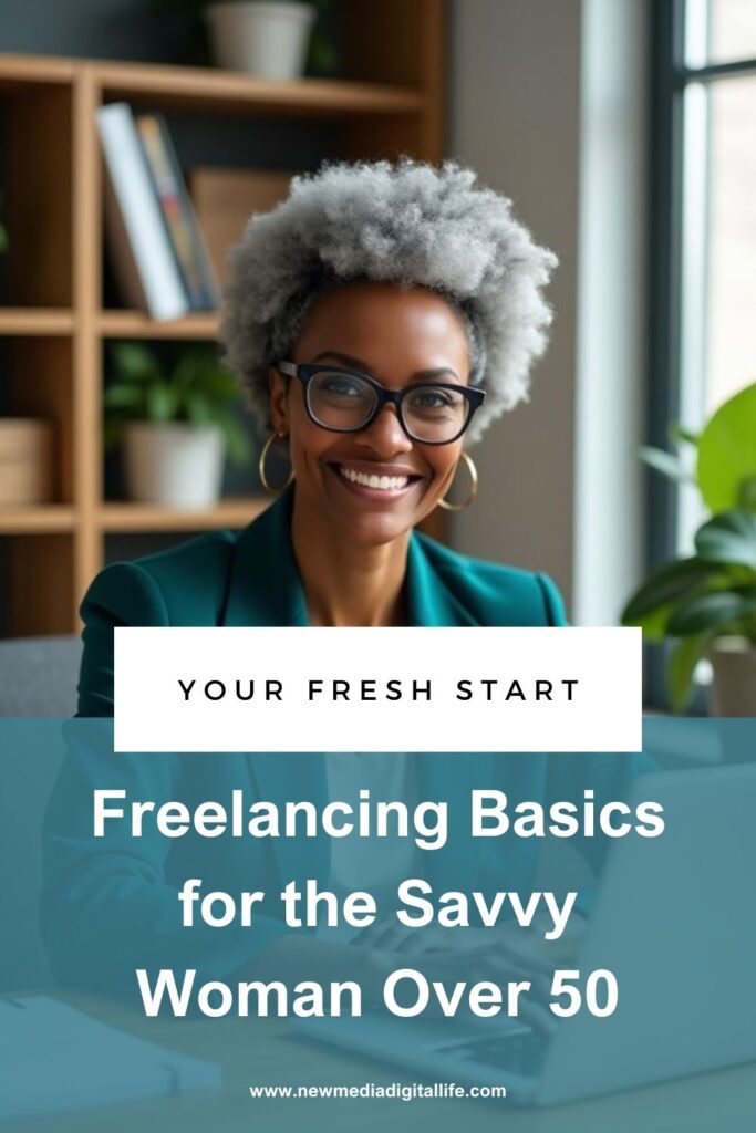 Smiling woman with curly hair and glasses, wearing a teal blazer, sits at a desk. Text reads: "Your Fresh Start: Freelancing Basics for the Savvy Woman Over 50.