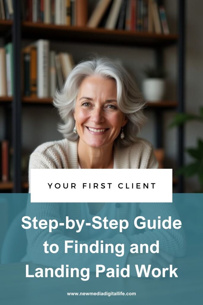 Smiling person with gray hair sitting indoors in front of bookshelves. Text reads: "Your First Client. Step-by-Step Guide to Finding and Landing Paid Work.