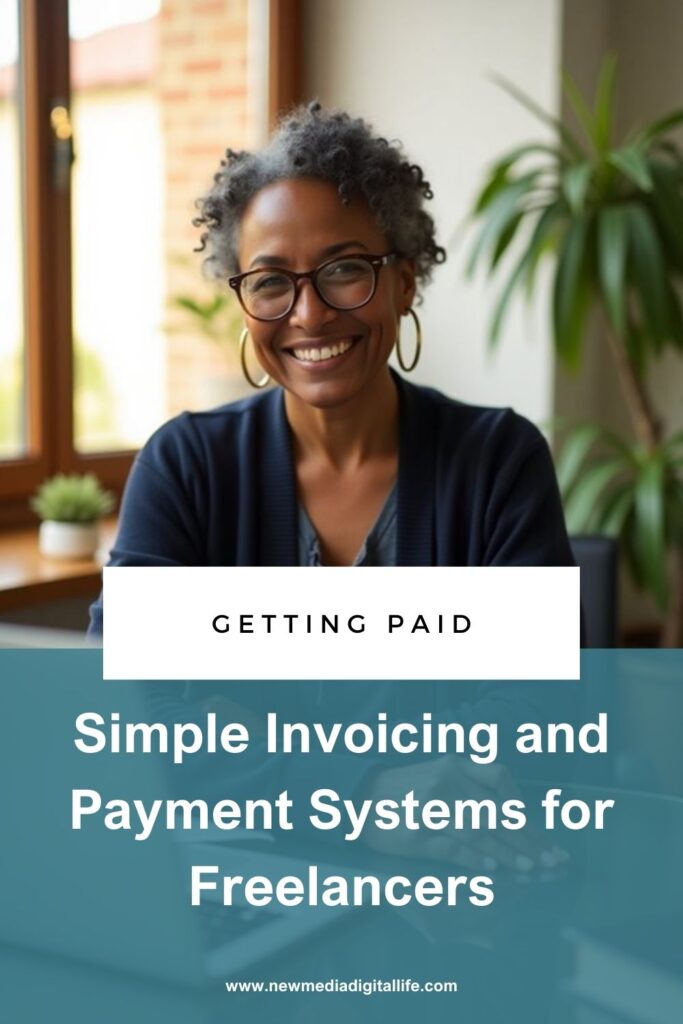 Smiling person in an office setting, wearing glasses and a cardigan. Text overlay: "Simple Invoicing and Payment Systems for Freelancers.