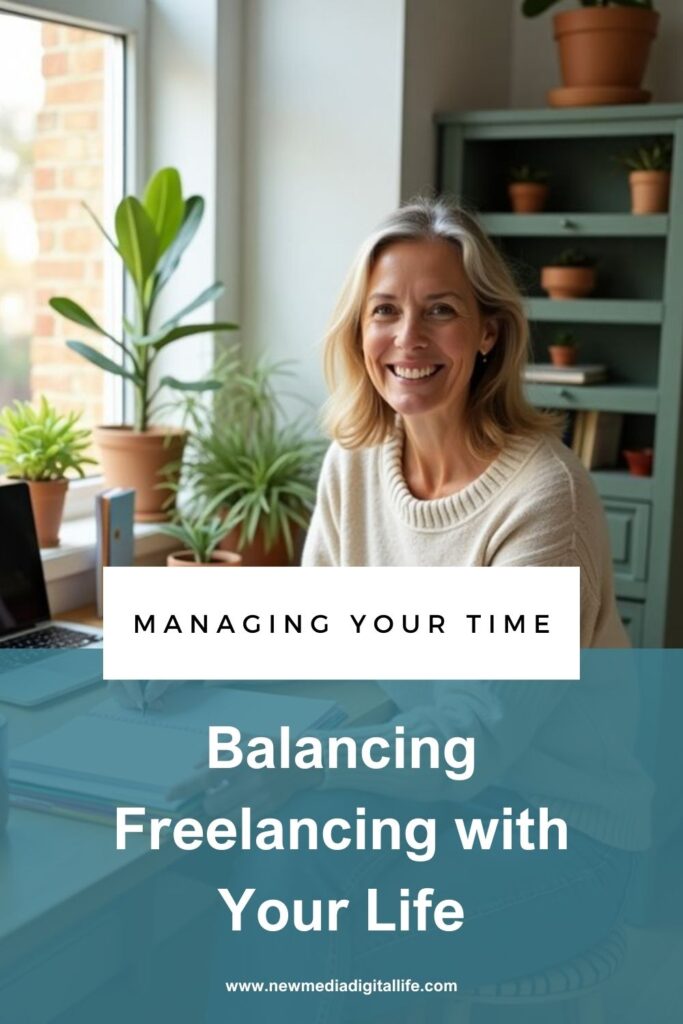 Smiling woman in a cozy office space with plants, seated at a desk. Text on image: "Managing Your Time: Balancing Freelancing with Your Life." Website URL at the bottom.