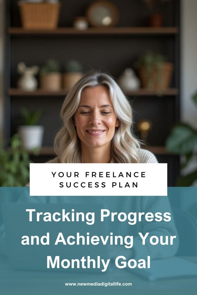 Woman smiling with eyes closed, seated in front of shelves. Text overlay reads: "Your Freelance Success Plan: Tracking Progress and Achieving Your Monthly Goal.