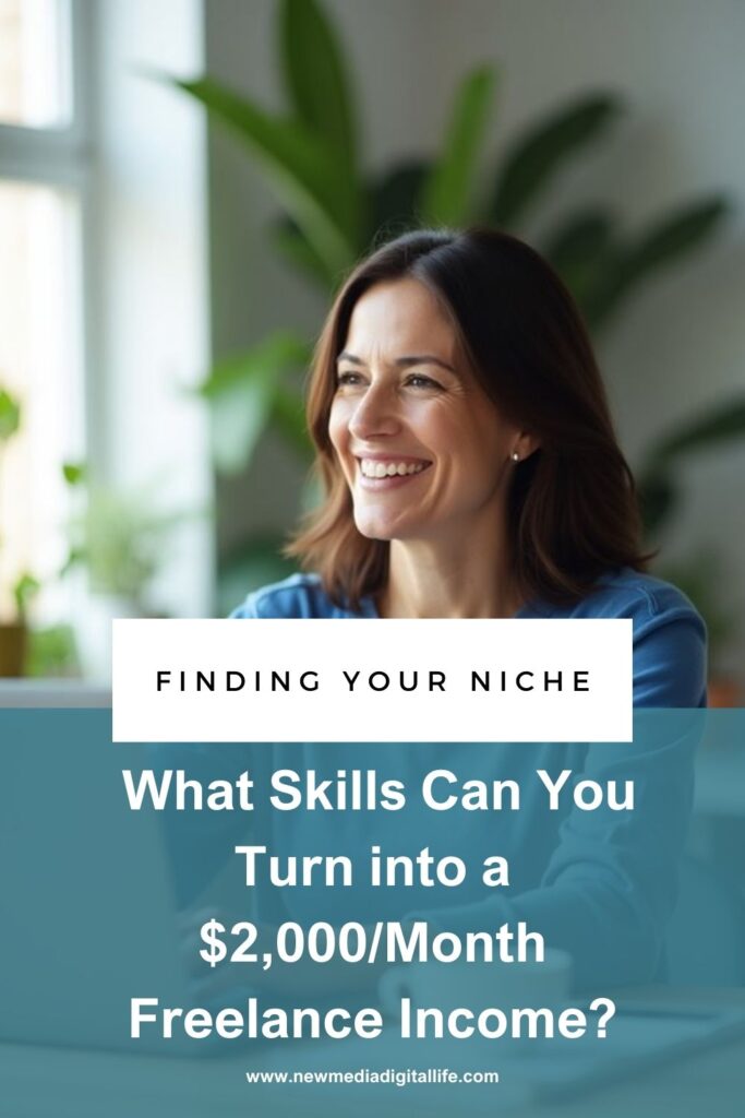 Smiling person sitting indoors. Text overlay reads: "FINDING YOUR NICHE. What Skills Can You Turn into a $2,000/Month Freelance Income?.