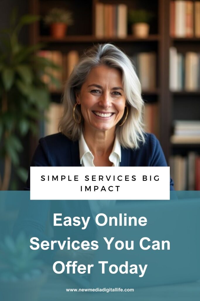 Smiling person in a blazer sits at a desk with a bookshelf in the background. Text overlay advertises easy online services.