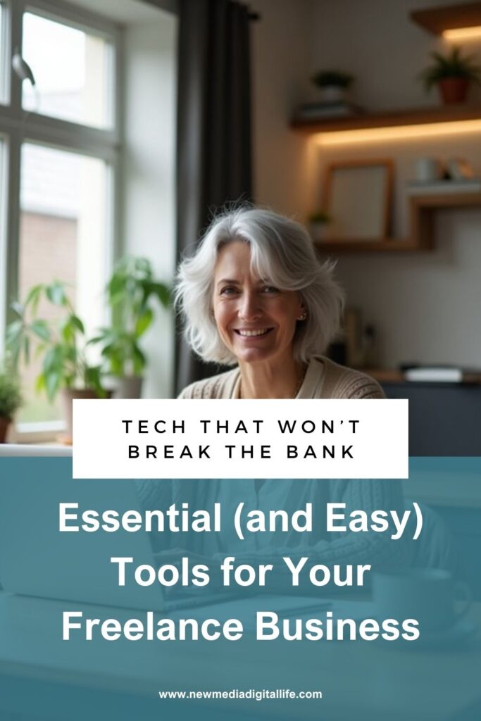 Smiling person in a cozy room with plants, featuring text overlay about affordable tech tools for freelance businesses.