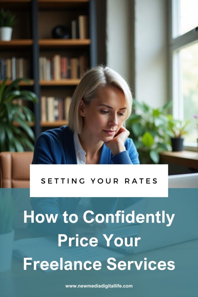 Woman sitting at a desk with her hands on a laptop, surrounded by bookshelves and plants. Text overlay: "SETTING YOUR RATES - How to Confidently Price Your Freelance Services.