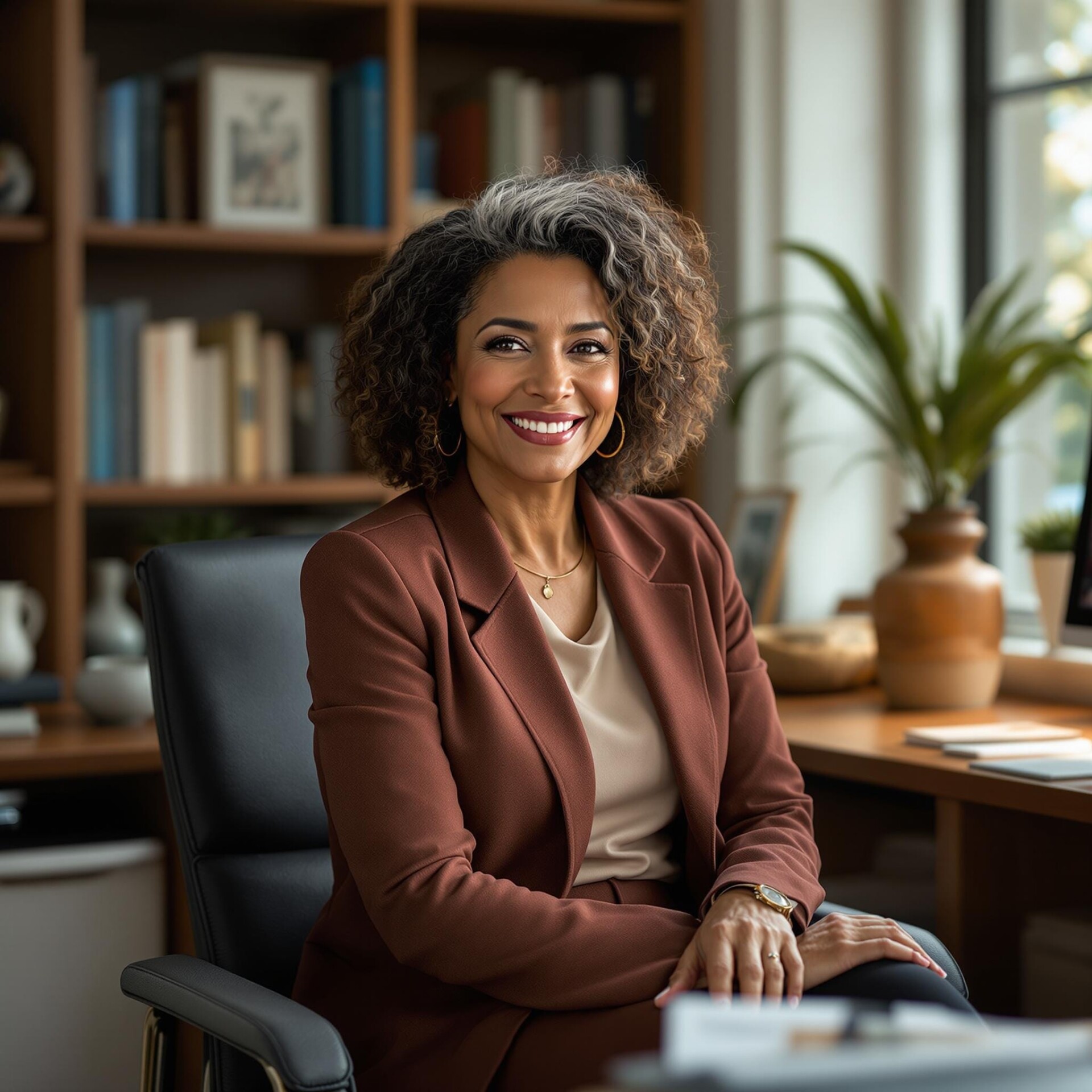 A woman with curly hair in a brown suit sits at a desk, smiling. Bookshelves and a plant are in the background.